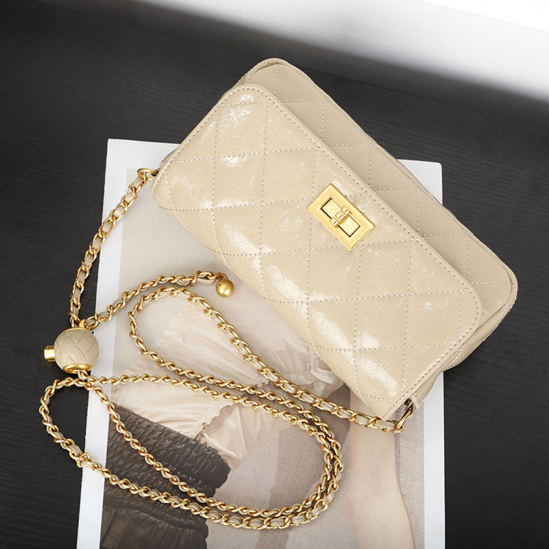 Women’s Quilted Waxed Leather Crossbody Chain Bag In Gold Hardware image 5