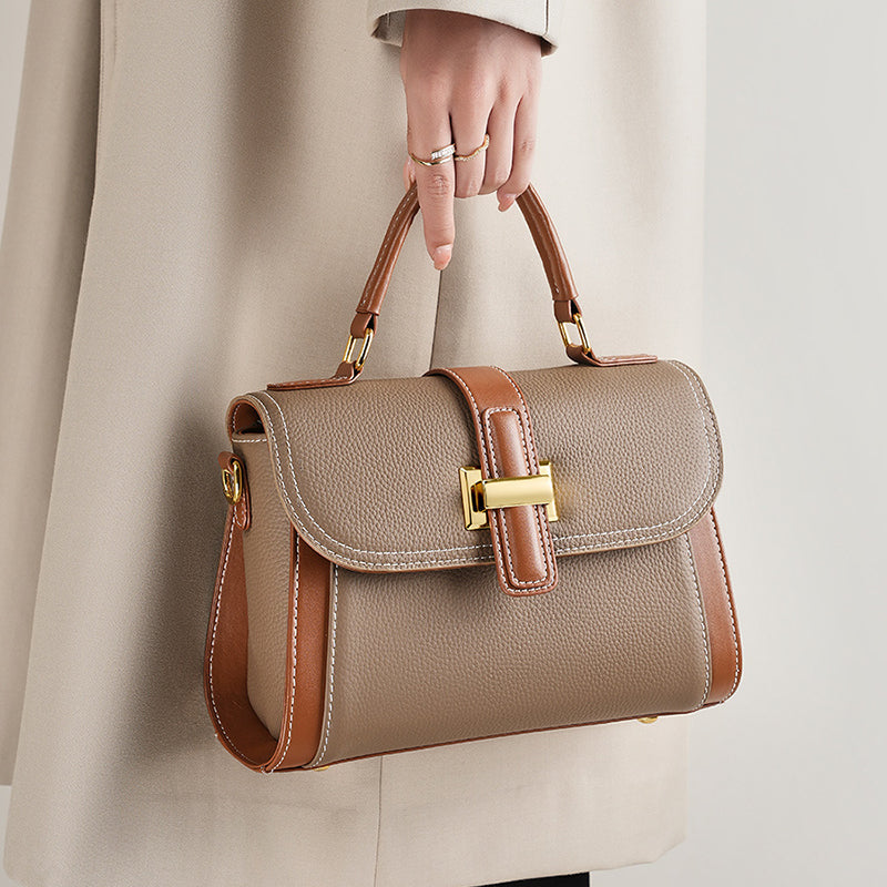 Women’s Retro Genuine Leather Color Block Crossbody Top Handle Bag image 3
