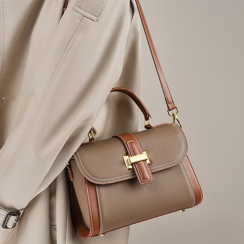 Women’s Retro Genuine Leather Color Block Crossbody Top Handle Bag image 4