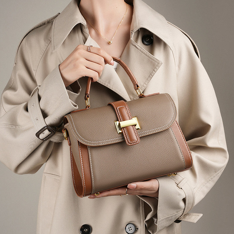 Women’s Retro Genuine Leather Color Block Crossbody Top Handle Bag image 5