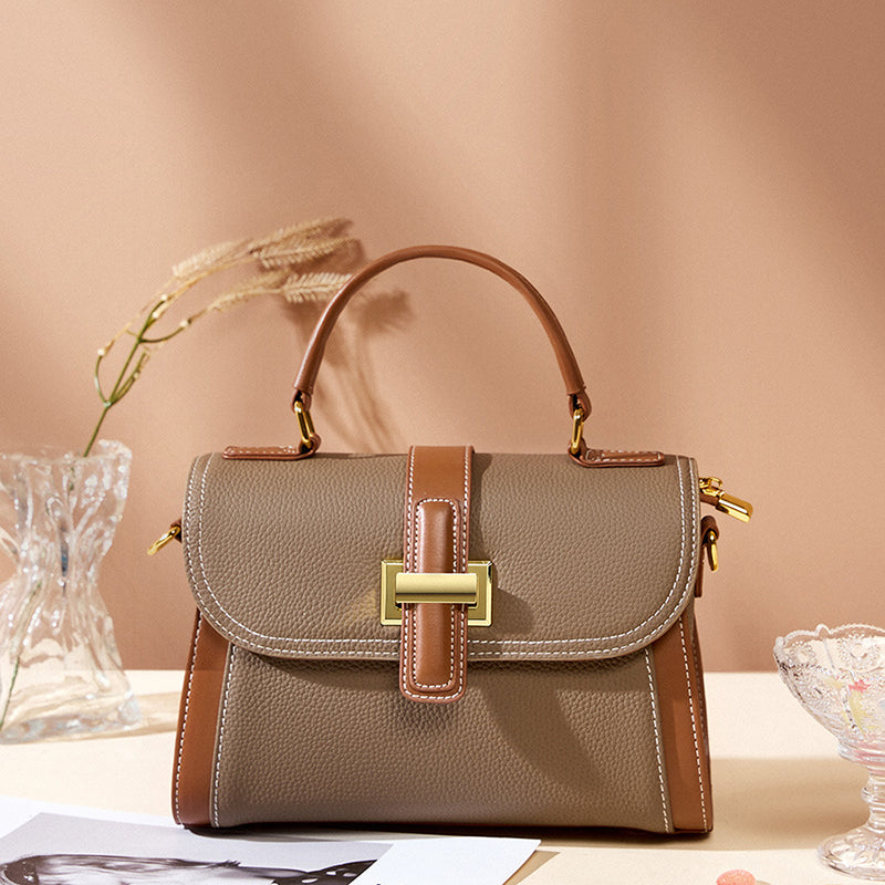 Women’s Retro Genuine Leather Color Block Crossbody Top Handle Bag image 2