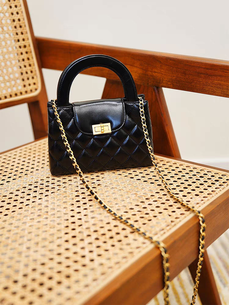 Women’s Small Black Genuine Leather Quilted Crossbody Chain Handbag image