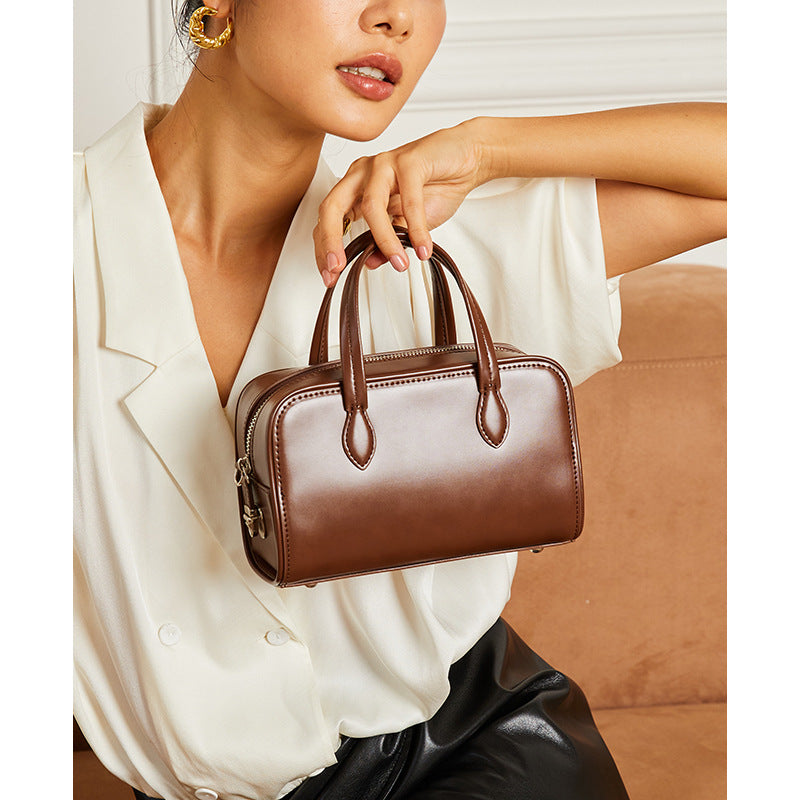 Women’s Small Minimalist Genuine Leather Boston Zipper Crossbody Handbag image 2