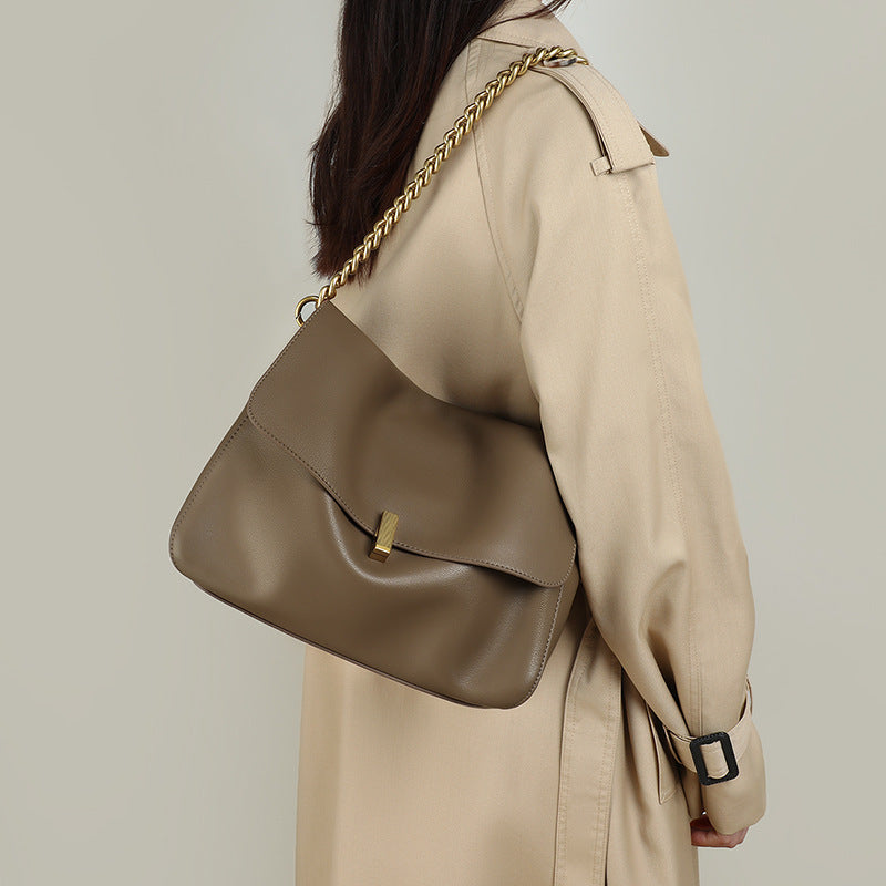 Women’s Soft Leather Chain Lock Buckle Crossbody  Baguette Bag In Khaki image 4