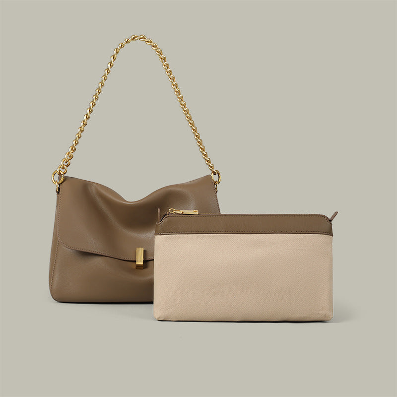 Women’s Soft Leather Chain Lock Buckle Crossbody  Baguette Bag In Khaki image 3