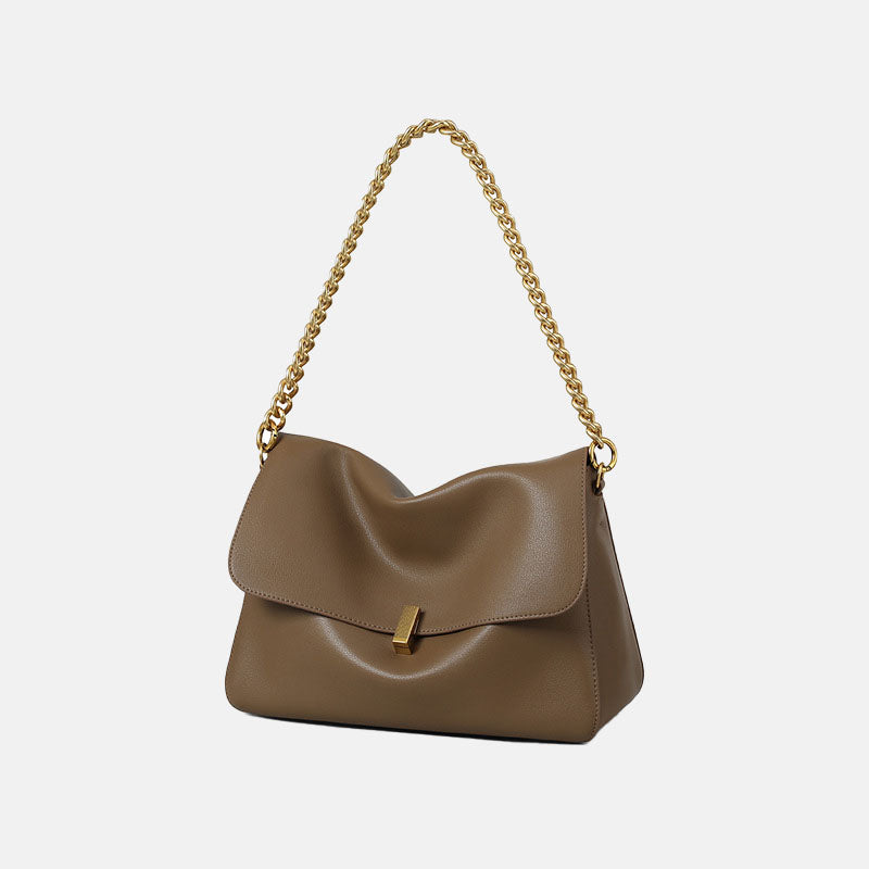 Women’s Soft Leather Chain Lock Buckle Crossbody  Baguette Bag In Khaki image 2