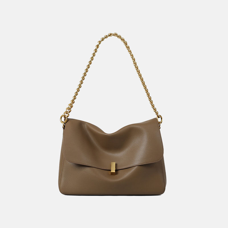 Women’s Soft Leather Chain Lock Buckle Crossbody  Baguette Bag In Khaki image