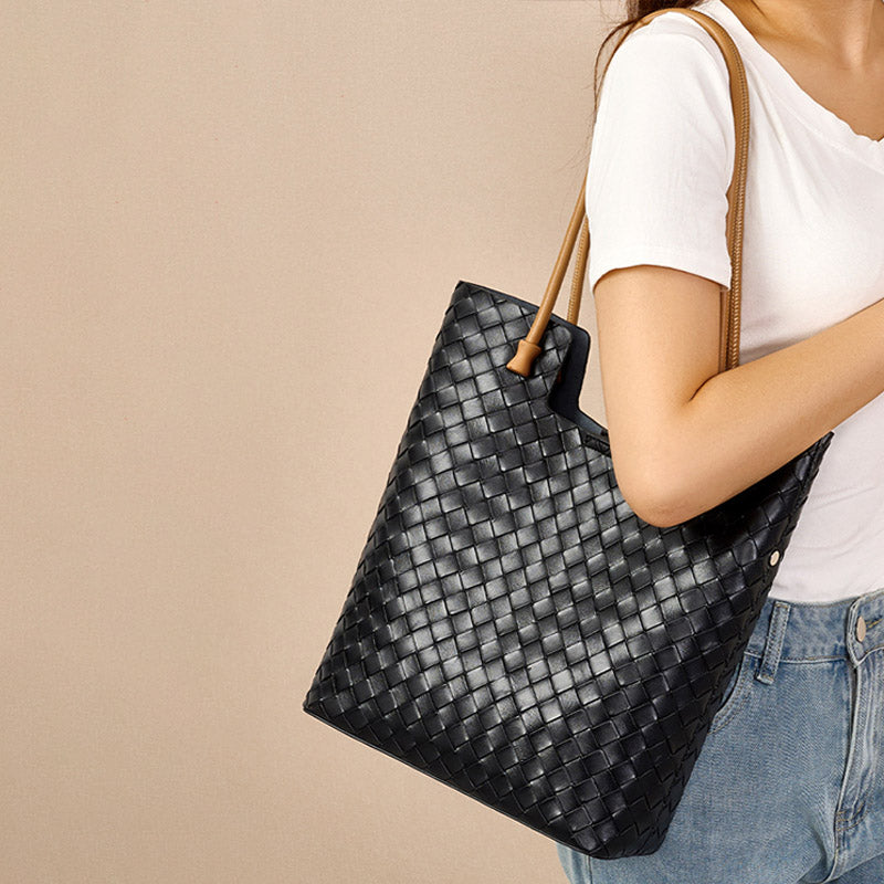 Women’s Split Cowhide Leather Minimalist Woven Tote Bag image 2