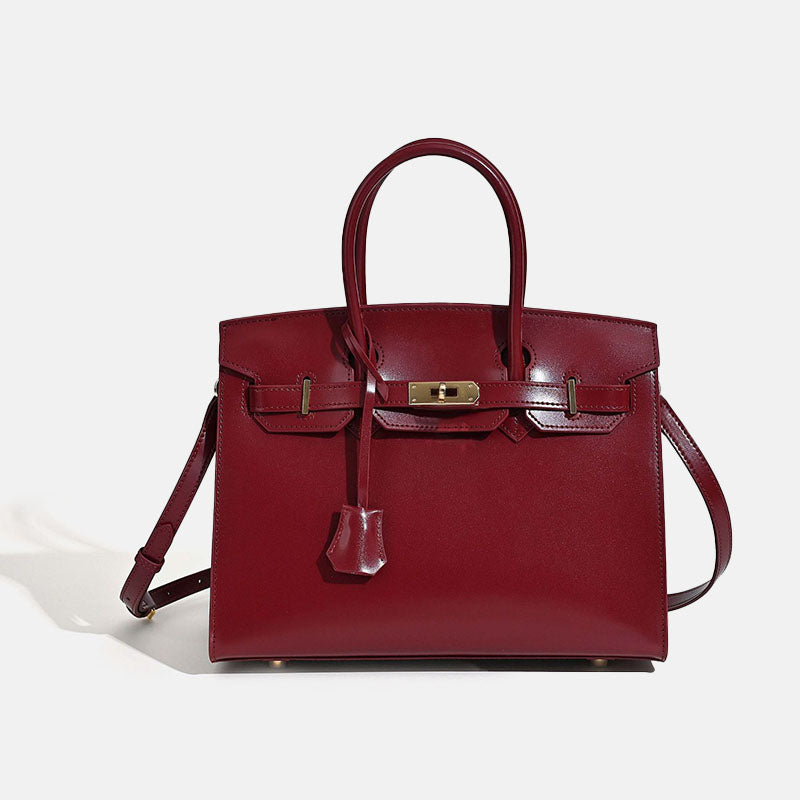 Women’s Stiff Smooth Split Leather Top Handle Bags Gold & Silver Hardware 30cm image