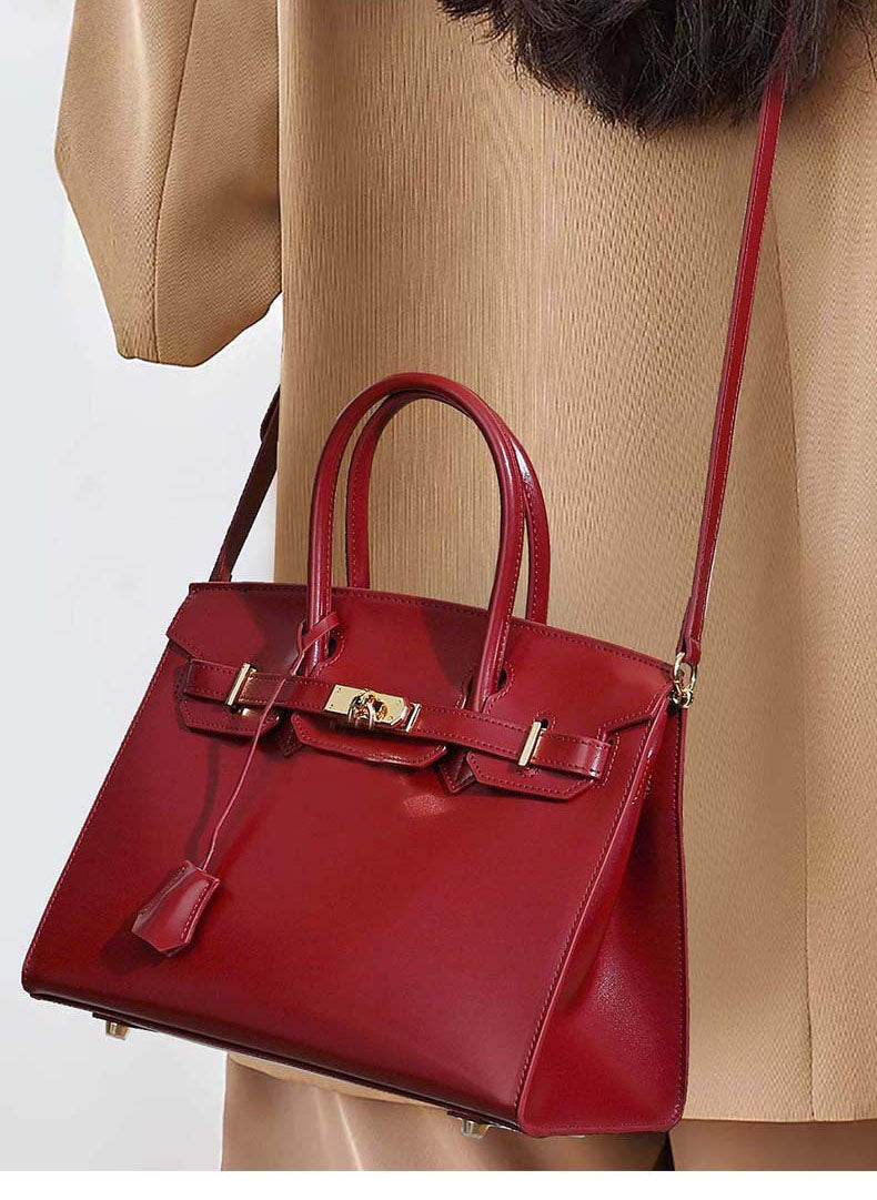 Women’s Stiff Smooth Split Leather Top Handle Bags Gold & Silver Hardware 30cm image 7