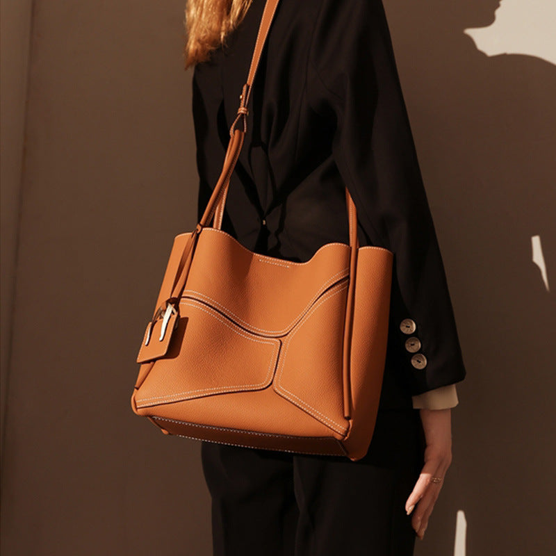 Women’s Stitching Genuine Leather Shoulder Tote Bags image