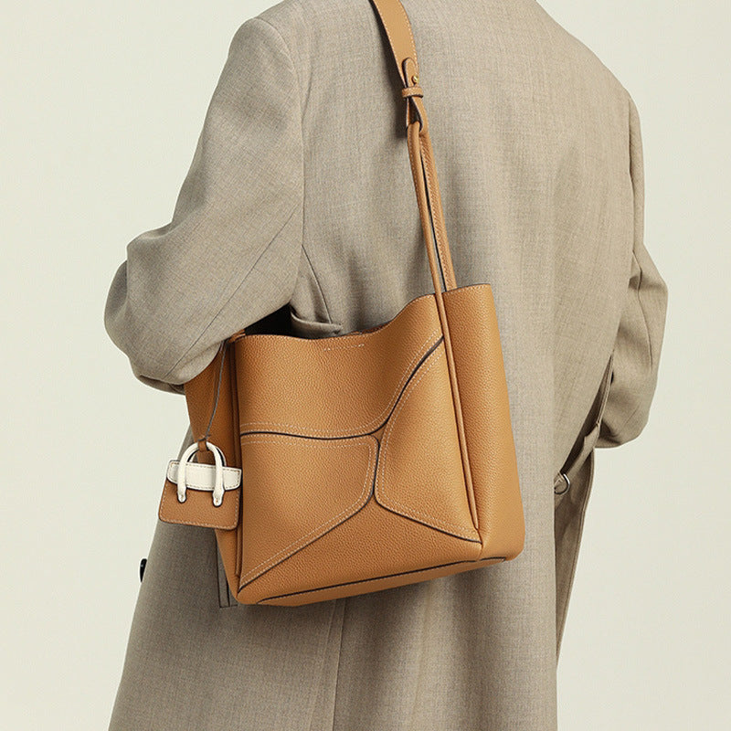 Women’s Stitching Genuine Leather Shoulder Tote Bags image 6