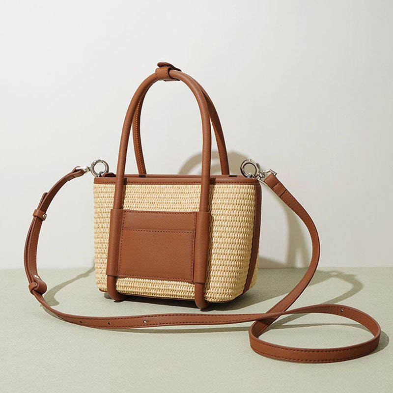 Women’s Straw Woven Genuine Leather Minimalist Crossbody Tote Bag image 2