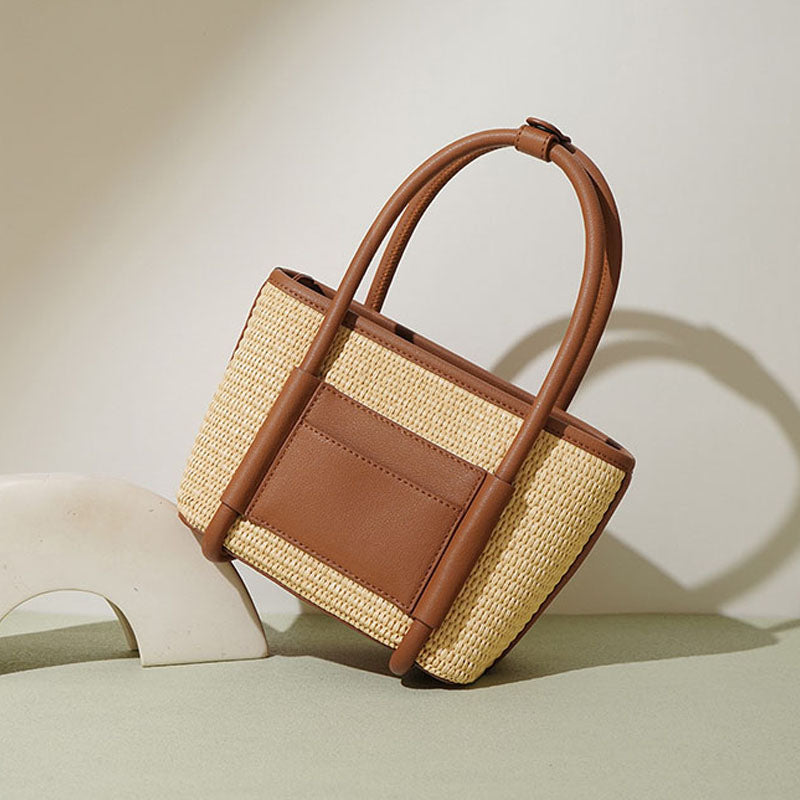 Women’s Straw Woven Genuine Leather Minimalist Crossbody Tote Bag image 3