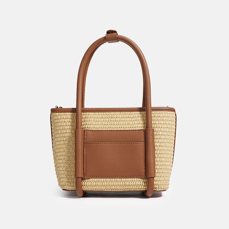 Women’s Straw Woven Genuine Leather Minimalist Crossbody Tote Bag image