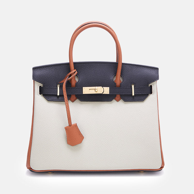 Women’s Top-Grain Leather Color-Block Gold Lock Closure Handle Bag image