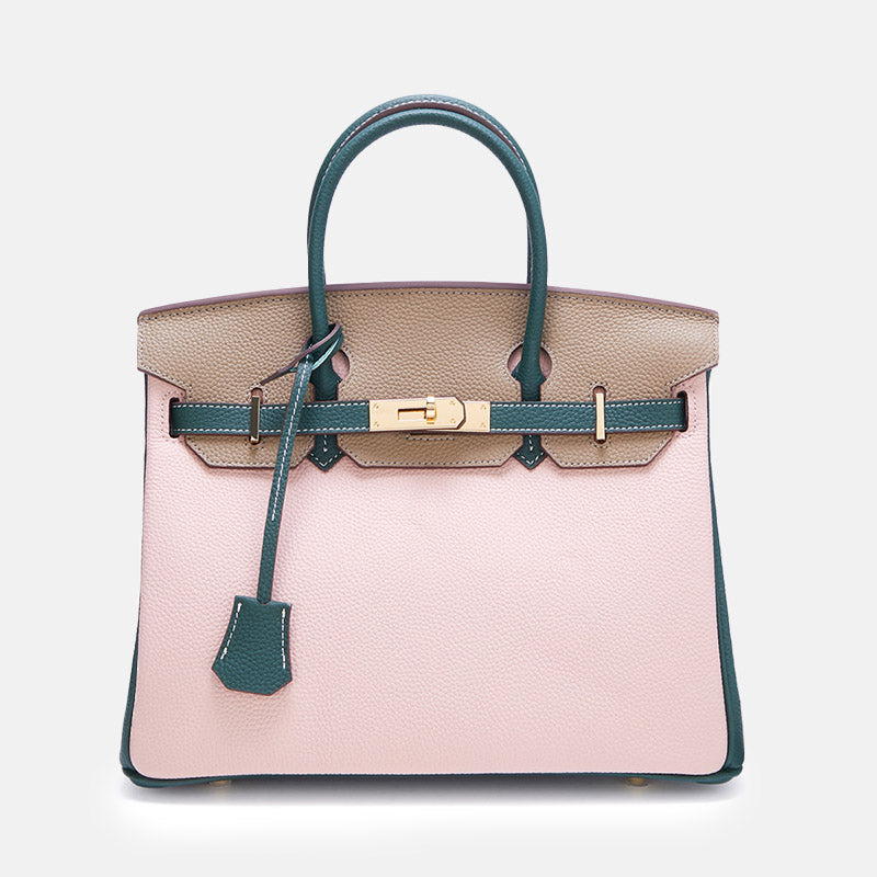 Women’s Top-Grain Leather Color-Block Gold Lock Closure Handle Bag image 9