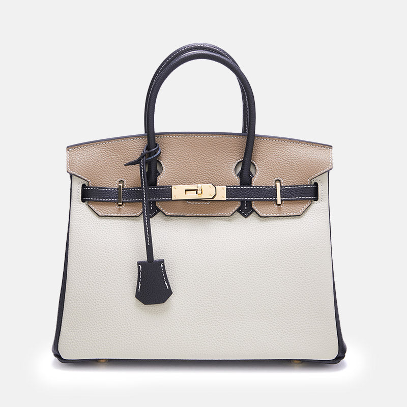 Women’s Top-Grain Leather Color-Block Gold Lock Closure Handle Bag image 11