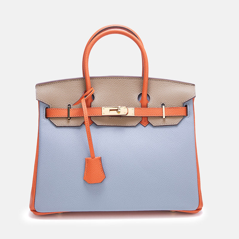 Women’s Top-Grain Leather Color-Block Gold Lock Closure Handle Bag image 10