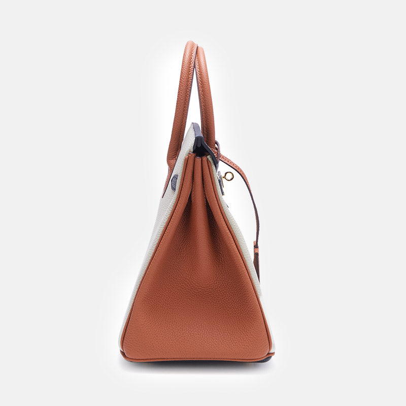 Women’s Top-Grain Leather Color-Block Gold Lock Closure Handle Bag image 3