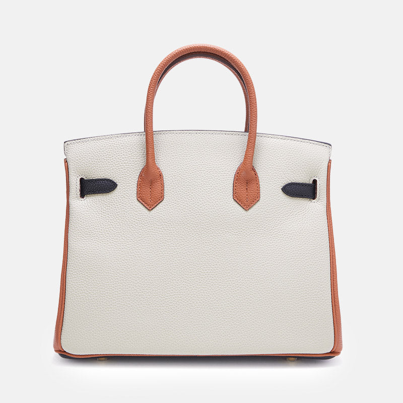 Women’s Top-Grain Leather Color-Block Gold Lock Closure Handle Bag image 4