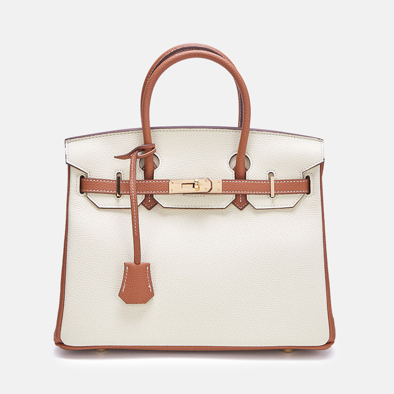 Women’s Top-Grain Leather Color-Block Gold Lock Closure Handle Bag image 6