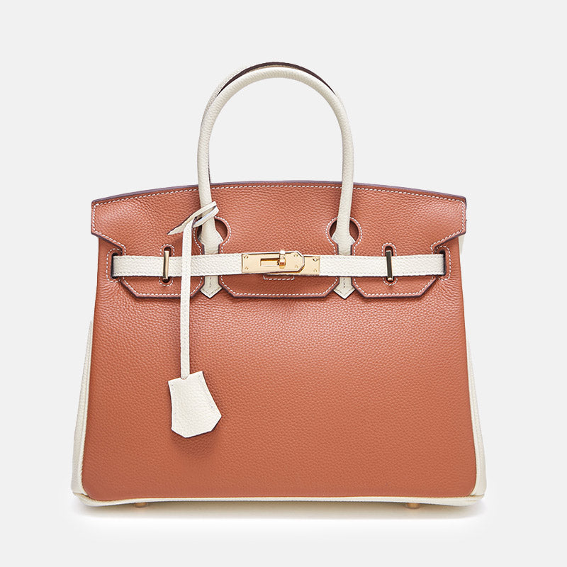 Women’s Top-Grain Leather Color-Block Gold Lock Closure Handle Bag image 7