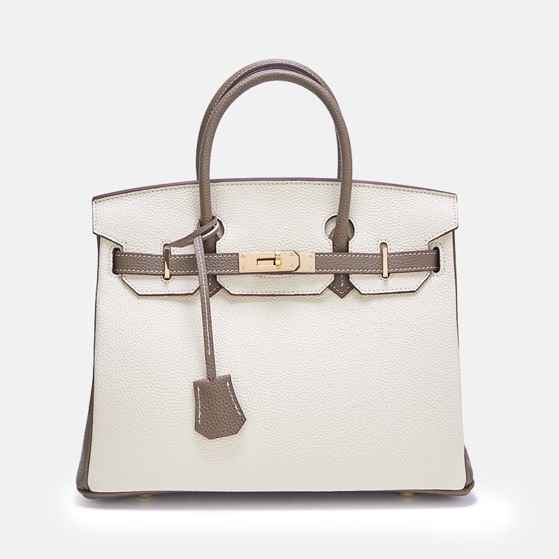 Women’s Top-Grain Leather Color-Block Gold Lock Closure Handle Bag image 8