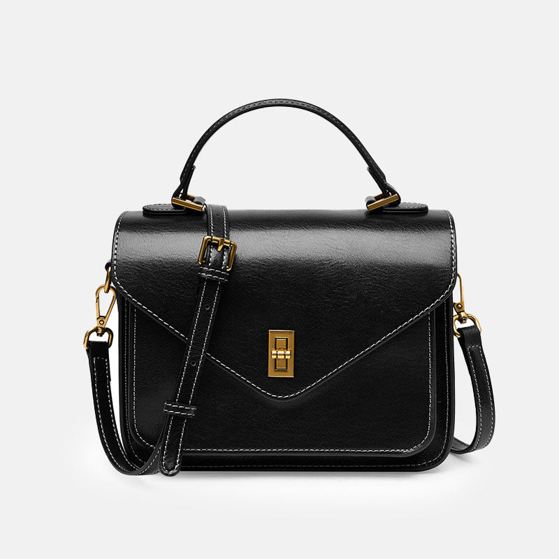 Women’s Vintage Black Leather Top Handle Messenger Bag image