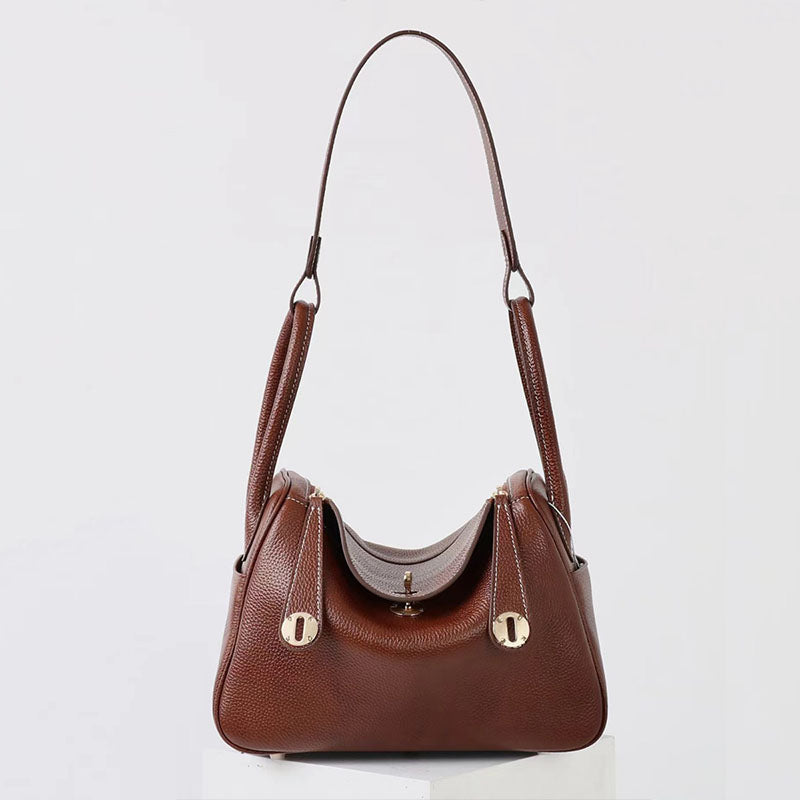 Women’s Vintage Brown Top-Grain Leather Cat Eye Accent Bucket Bag In Gold Hardware image