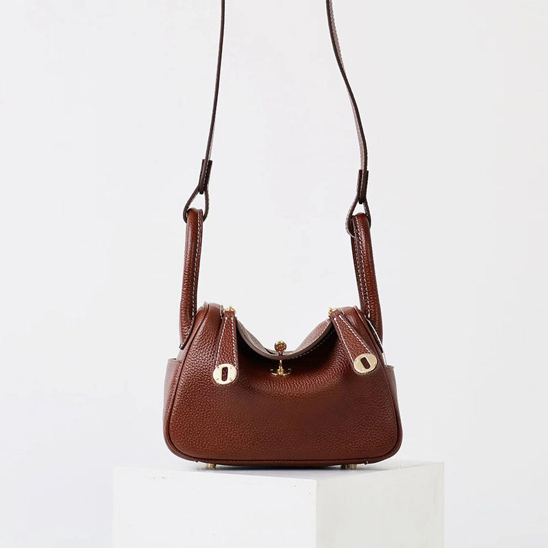 Women’s Vintage Brown Top-Grain Leather Cat Eye Accent Bucket Bag In Gold Hardware image 3