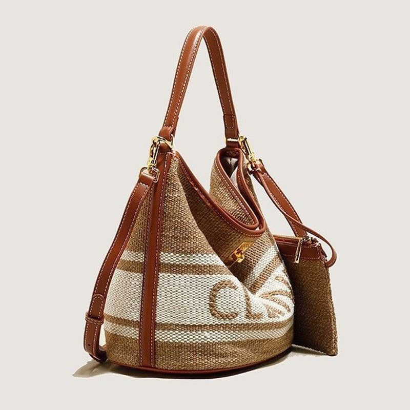 Women’s Vintage Brown Woven Wool With Leather Crossbody Bucket Bag image 3