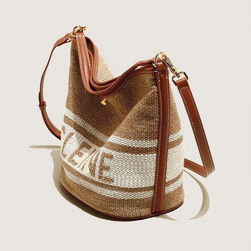 Women’s Vintage Brown Woven Wool With Leather Crossbody Bucket Bag image 4