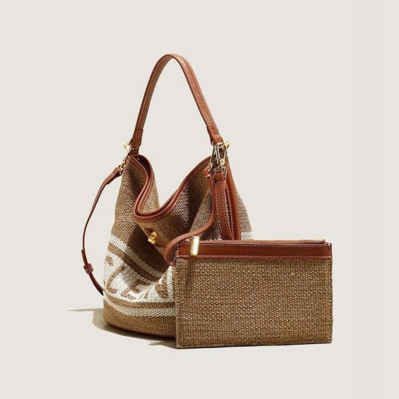 Women’s Vintage Brown Woven Wool With Leather Crossbody Bucket Bag image 2