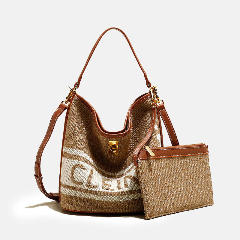 Women’s Vintage Brown Woven Wool With Leather Crossbody Bucket Bag image