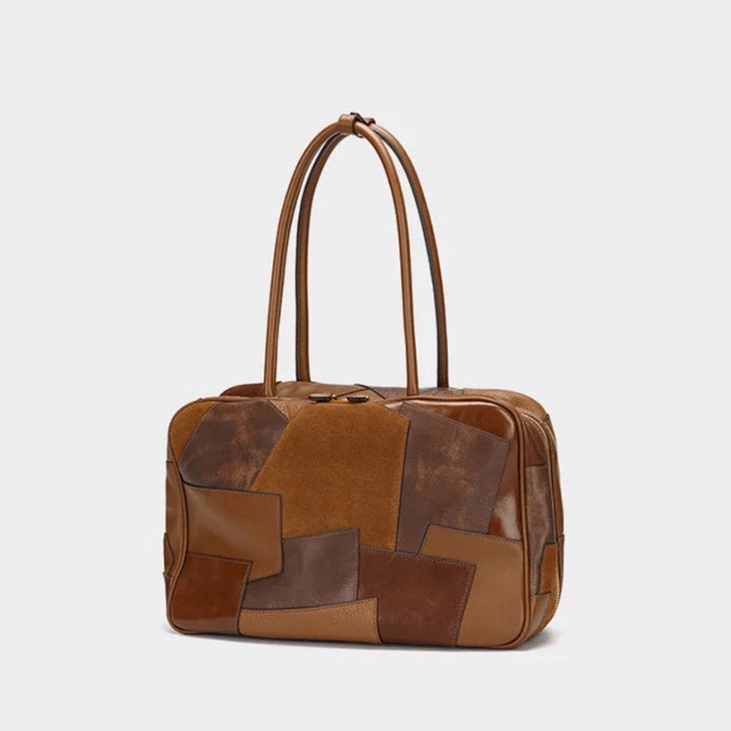 Women’s Vintage Color Block Top-Grain Leather Boston Handbag image
