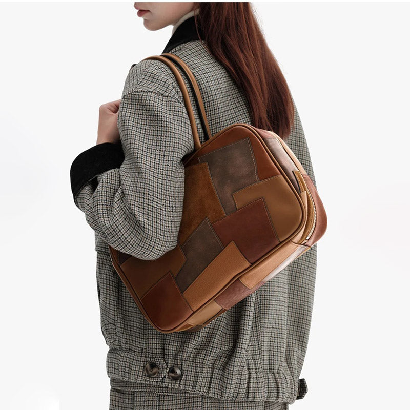 Women’s Vintage Color Block Top-Grain Leather Boston Handbag image 3