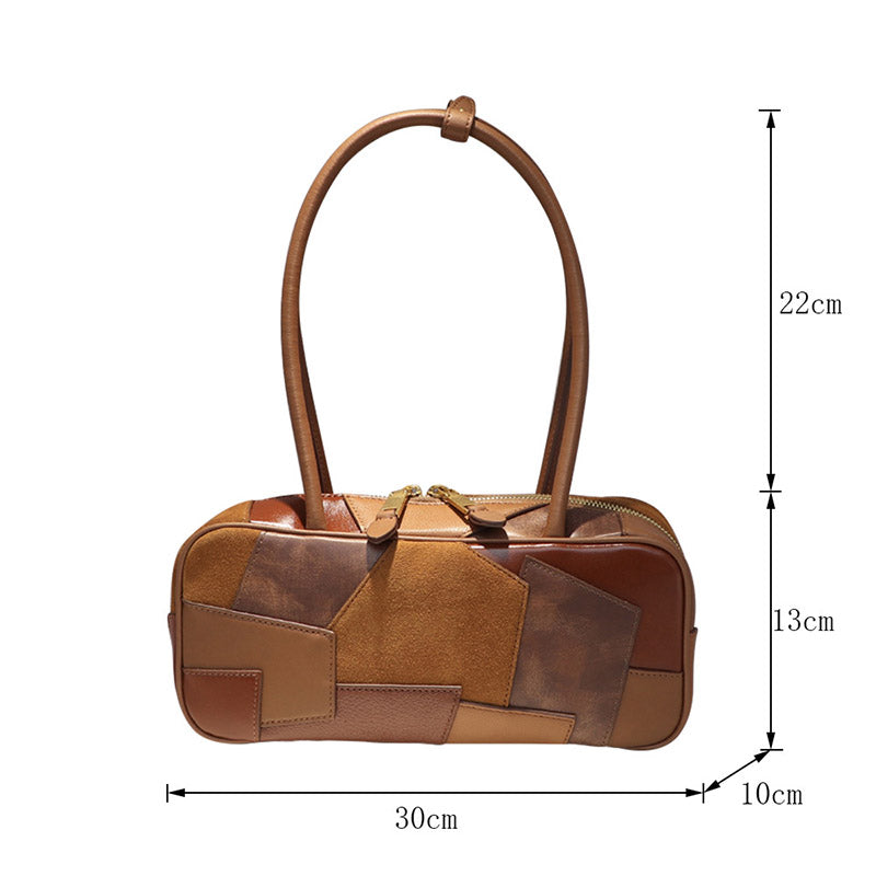 Women’s Vintage Color Block Top-Grain Leather Bowling Shoulder Bag image 2