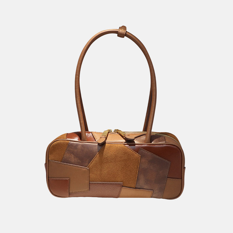 Women’s Vintage Color Block Top-Grain Leather Bowling Shoulder Bag image