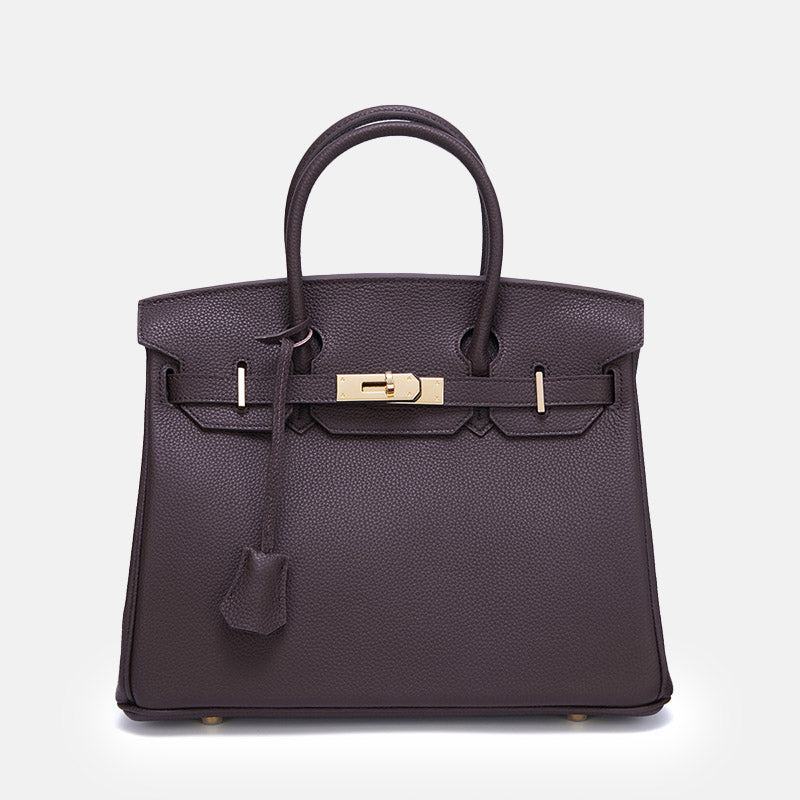 Women’s Vintage Full-Grain Leather Top Handle Bag In Gold Lock Closure image 25