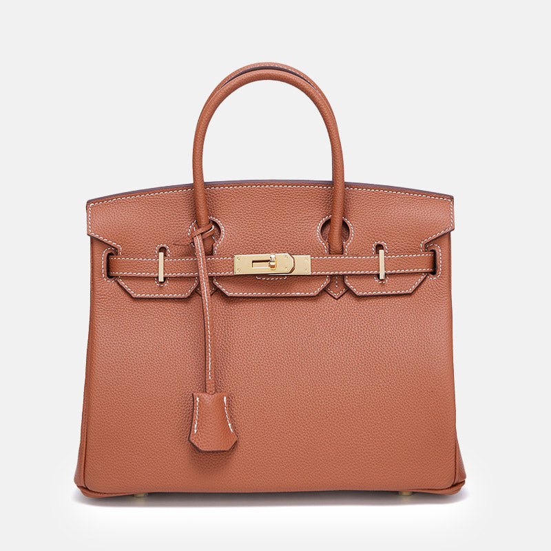 Women’s Vintage Full-Grain Leather Top Handle Bag In Gold Lock Closure image 7
