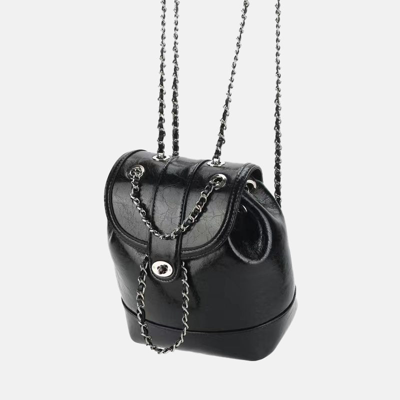 Women’s Vintage Genuine Leather Backpack with Iron Chain Strap image 2