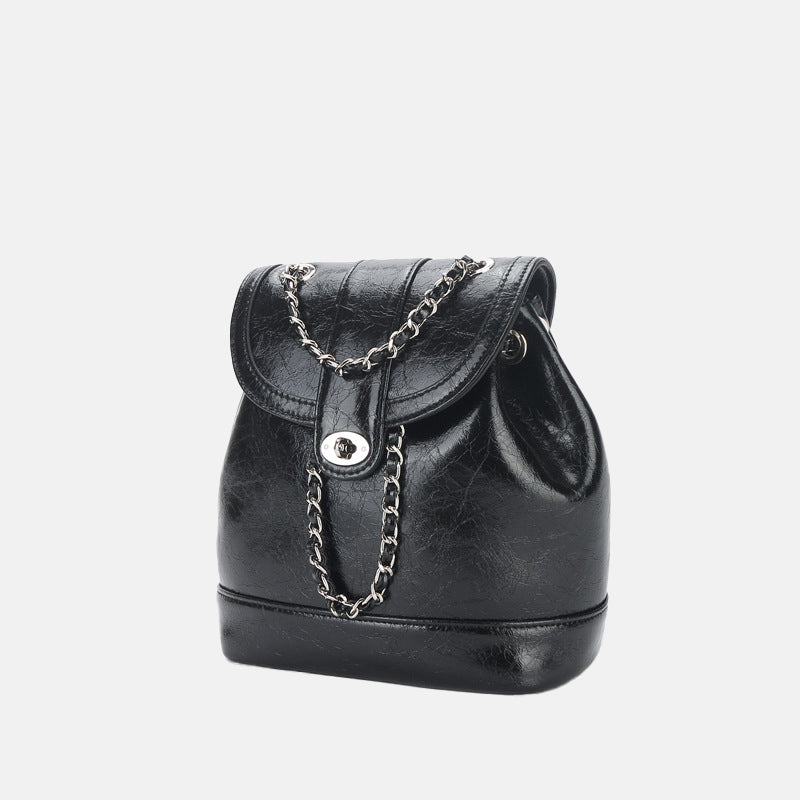 Women’s Vintage Genuine Leather Backpack with Iron Chain Strap image 3