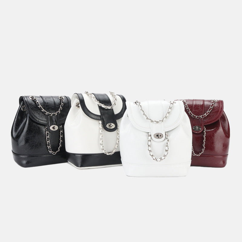 Women’s Vintage Genuine Leather Backpack with Iron Chain Strap image 5