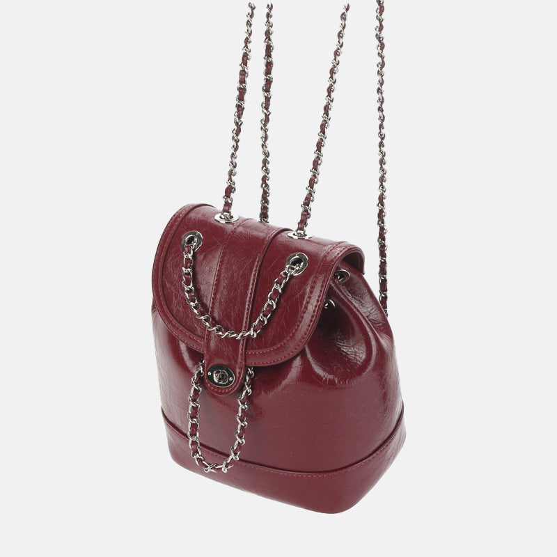 Women’s Vintage Genuine Leather Backpack with Iron Chain Strap image 9