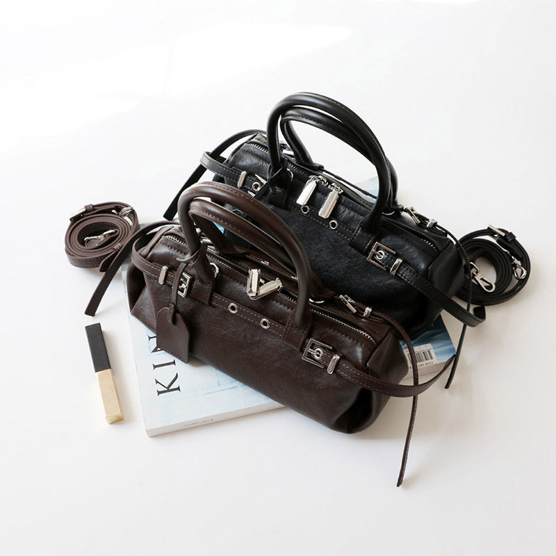 Women’s Vintage Genuine Leather Belt-Decorated Zip-Top Baguette Bag image 4