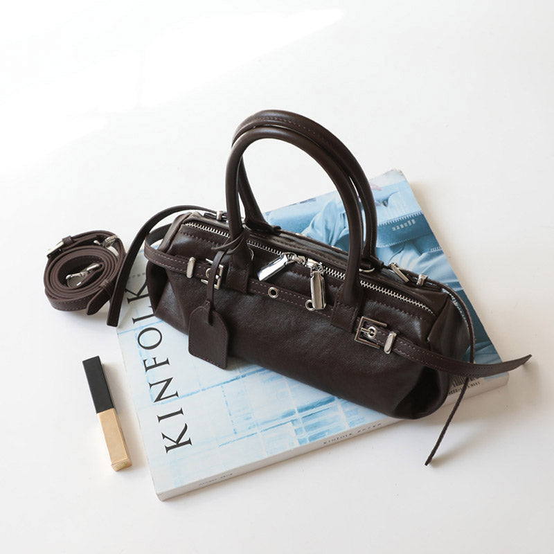 Women’s Vintage Genuine Leather Belt-Decorated Zip-Top Baguette Bag image 2