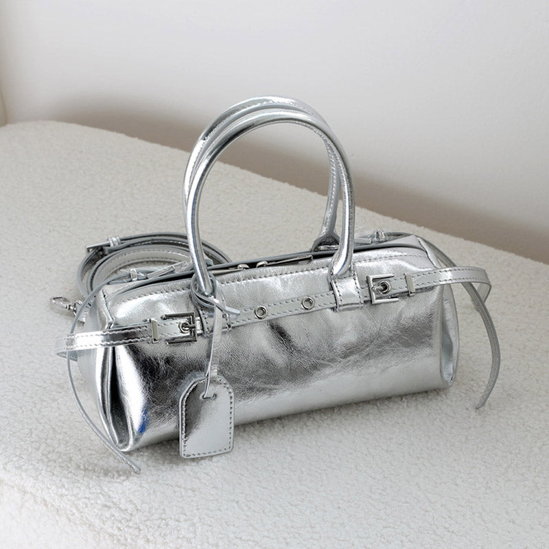 Women’s Vintage Genuine Leather Belt-Decorated Zip-Top Baguette Bag image 6