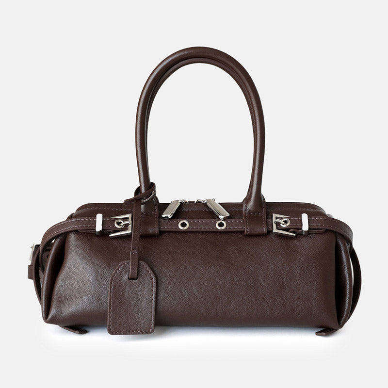 Women’s Vintage Genuine Leather Belt-Decorated Zip-Top Baguette Bag image