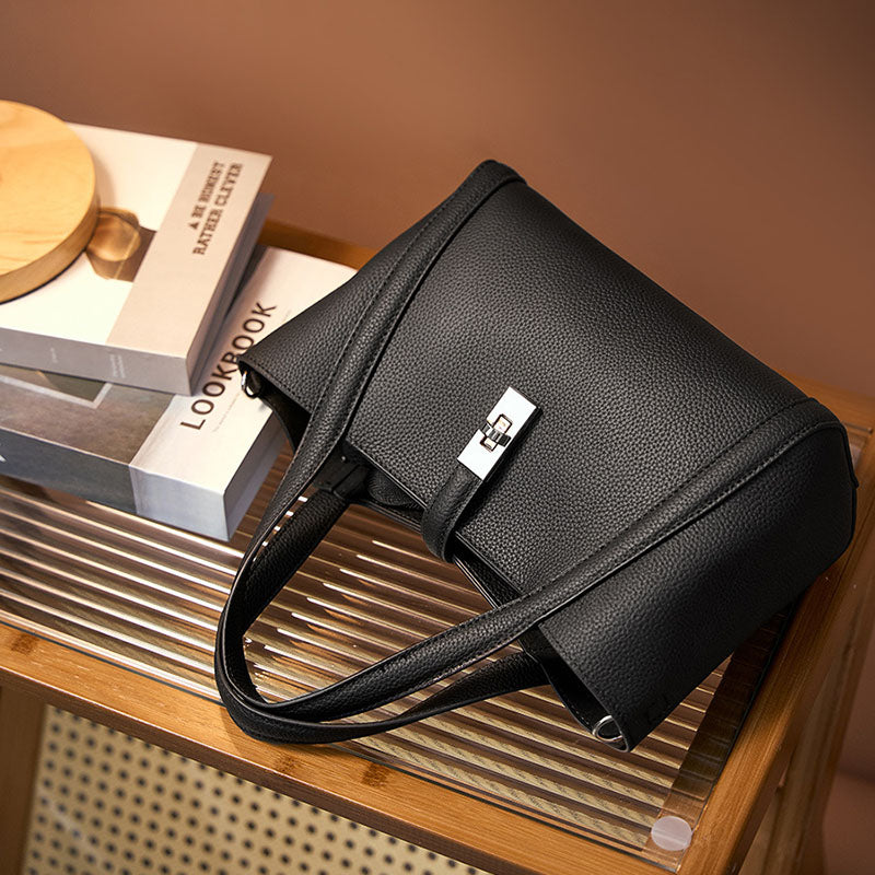 Women’s Vintage Genuine Leather Buckle Closure Bucket Tote Bag for Crossbody image 2